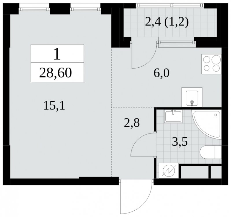 Студия с полной отделкой, 28.6 м2, 14 этаж, сдача 2 квартал 2025 г., ЖК Южные сады, корпус 2.2 - объявление 1757556 - фото №1