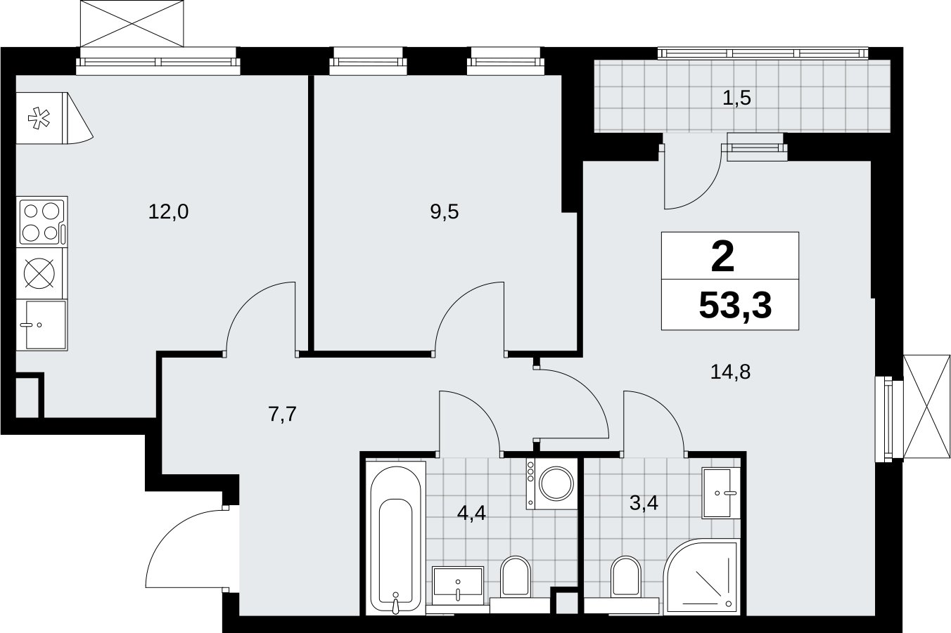 2-комнатная квартира без отделки, 53.3 м2, 2 этаж, сдача 2 квартал 2026 г., ЖК Бунинские кварталы, корпус 9.1 - объявление 2324080 - фото №1