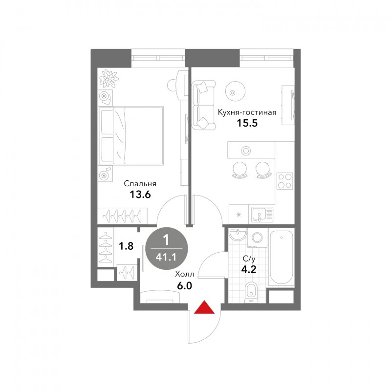 1-комнатные апартаменты без отделки, 41.1 м2, 16 этаж, сдача 3 квартал 2025 г., ЖК VOXHALL, корпус 4 - объявление 1794661 - фото №1