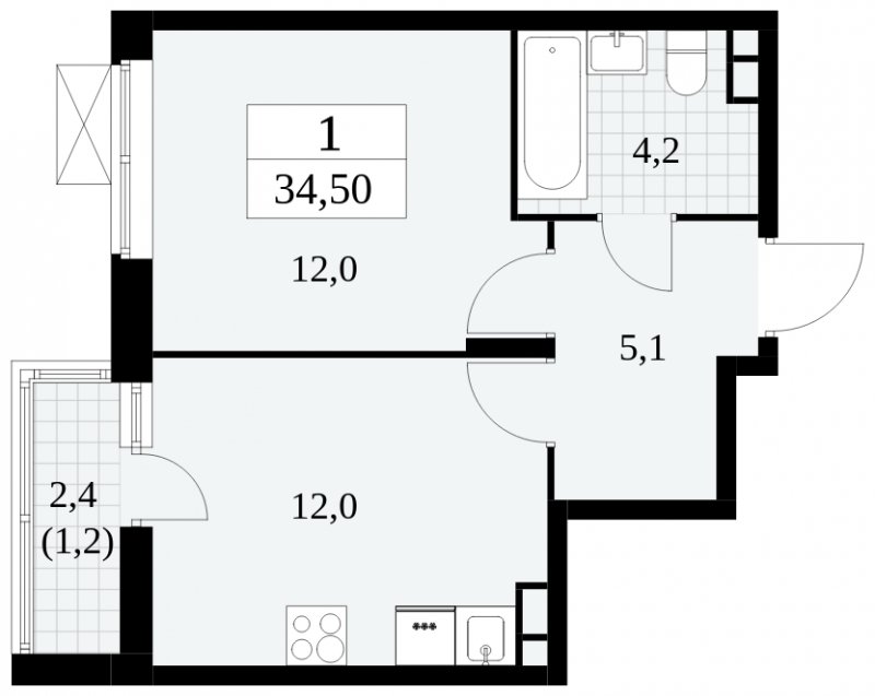 1-комнатная квартира с частичной отделкой, 34.5 м2, 4 этаж, сдача 3 квартал 2024 г., ЖК Прокшино, корпус 8.2 - объявление 1683770 - фото №1