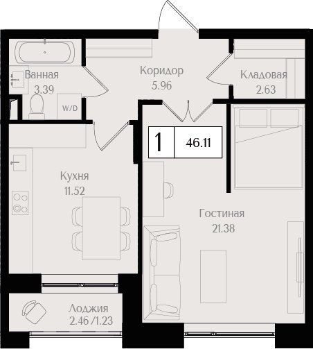 1-комнатная квартира без отделки, 46.59 м2, 2 этаж, сдача 3 квартал 2025 г., ЖК Преображенская площадь, корпус 3 - объявление 2266189 - фото №1