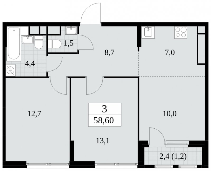 3-комнатная квартира (евро) с частичной отделкой, 58.6 м2, 20 этаж, сдача 2 квартал 2025 г., ЖК Южные сады, корпус 2.2 - объявление 1757600 - фото №1