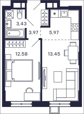 1-комнатная квартира без отделки, 39.4 м2, 5 этаж, сдача 2 квартал 2025 г., ЖК Квартал Тетрис, корпус "Квартал Тетрис 2.2" - объявление 2323002 - фото №1