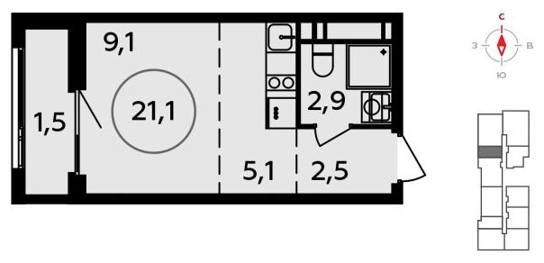 Студия с полной отделкой, 21.1 м2, 16 этаж, сдача 4 квартал 2023 г., ЖК Прокшино, корпус 4.2 - объявление 1498064 - фото №1