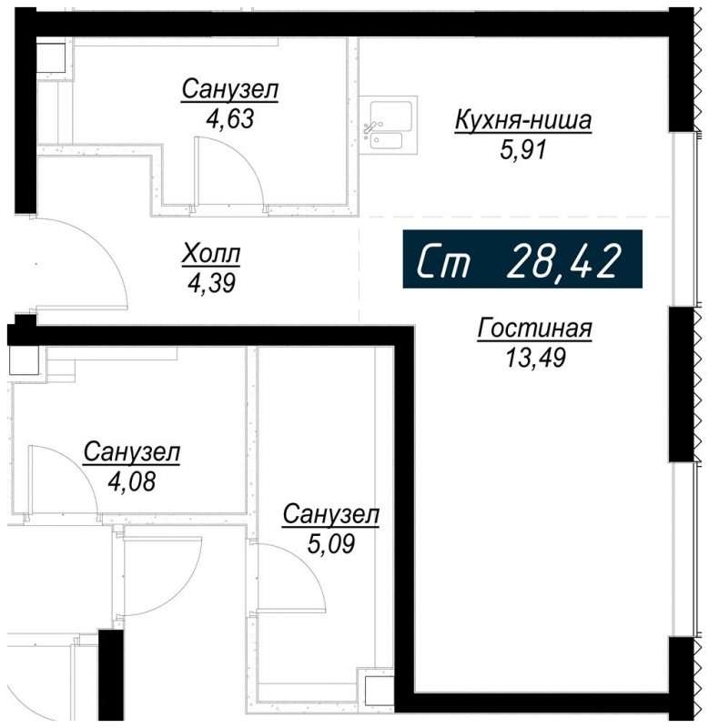 Студия с частичной отделкой, 28.42 м2, 32 этаж, сдача 4 квартал 2022 г., ЖК Селигер Сити, корпус Ван Гог - объявление 1710172 - фото №1