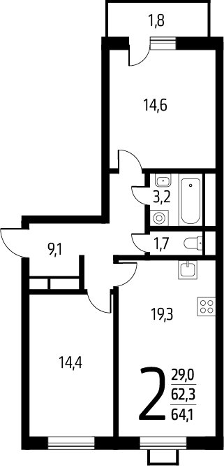 2-комнатная квартира с полной отделкой, 64.1 м2, 6 этаж, сдача 1 квартал 2025 г., ЖК Новые Ватутинки. Заречный, корпус 5/3 - объявление 2272183 - фото №1