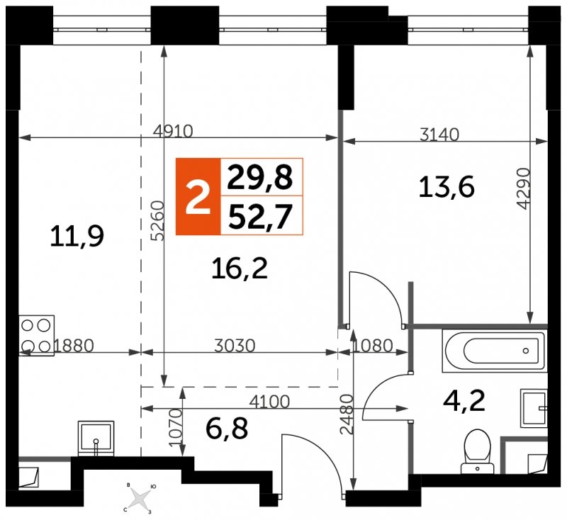 2-комнатная квартира с частичной отделкой, 52.7 м2, 15 этаж, сдача 1 квартал 2023 г., ЖК Sydney City, корпус 2 - объявление 1698529 - фото №1