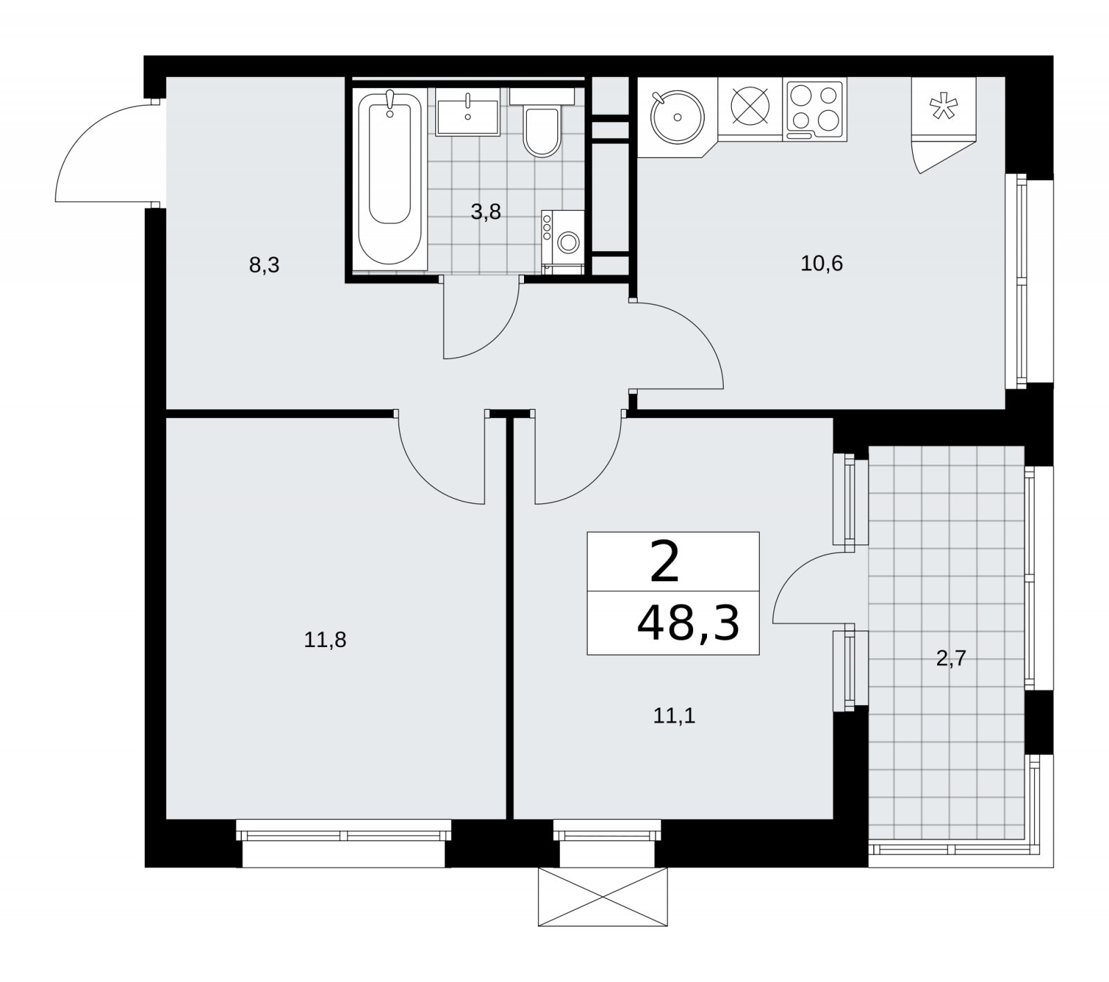 2-комнатная квартира с частичной отделкой, 48.3 м2, 10 этаж, сдача 2 квартал 2026 г., ЖК Скандинавия, корпус 25.2 - объявление 2283537 - фото №1