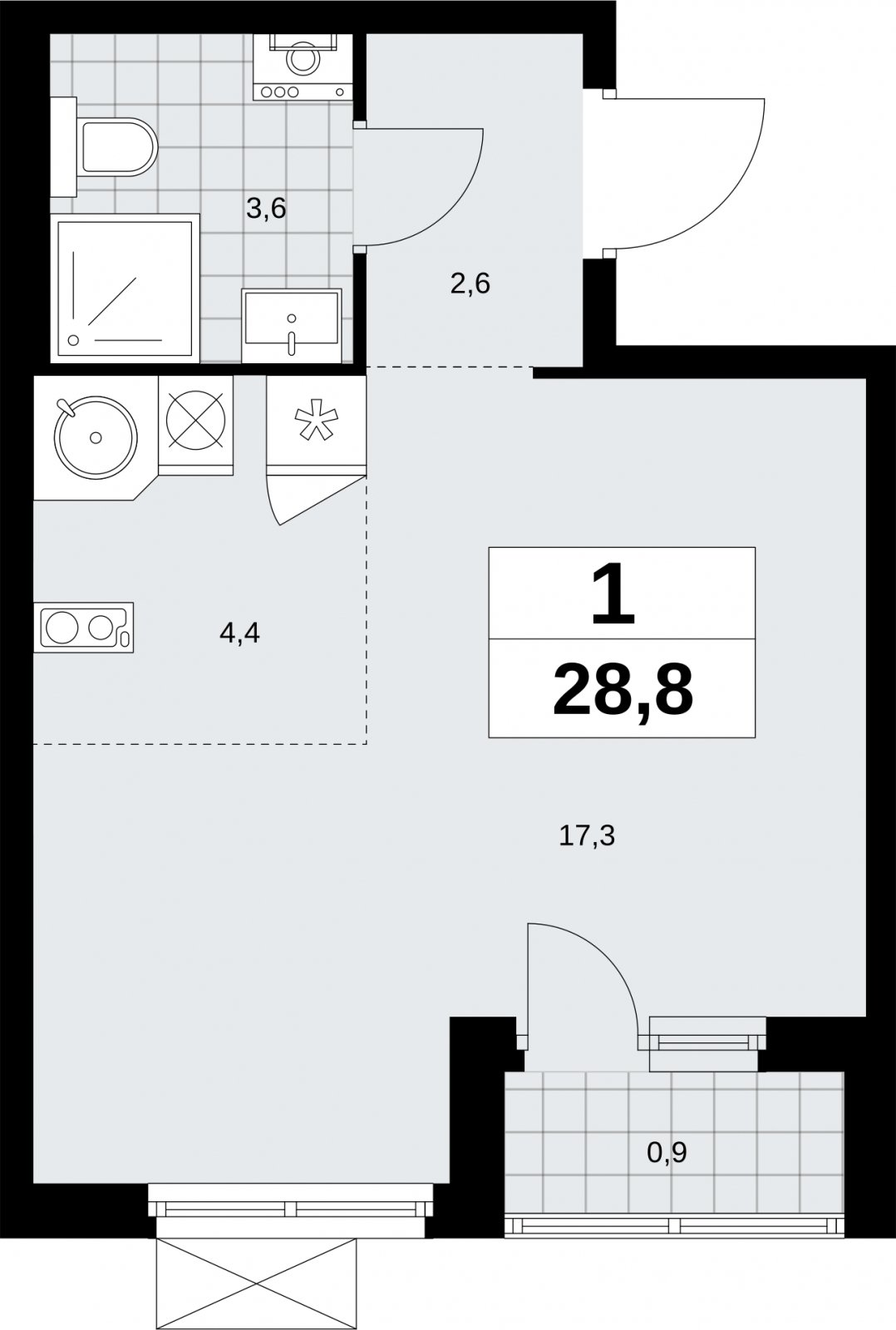 1-комнатная квартира с полной отделкой, 28.8 м2, 7 этаж, сдача 3 квартал 2026 г., ЖК Дзен-кварталы, корпус 6.1.3 - объявление 2327839 - фото №1