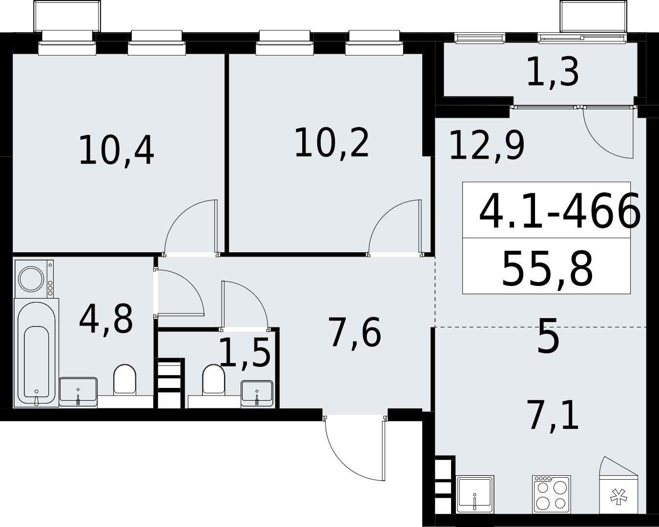 3-комнатная квартира (евро) с полной отделкой, 55.8 м2, 10 этаж, сдача 2 квартал 2027 г., ЖК Южные сады, корпус 4.1.2 - объявление 2392971 - фото №1