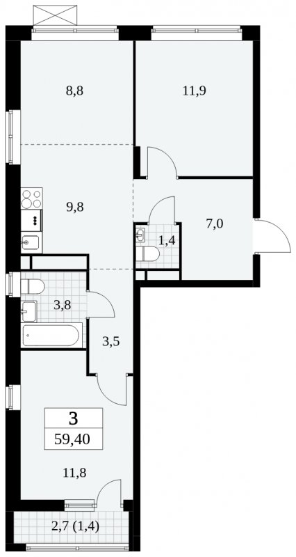 3-комнатная квартира (евро) без отделки, 59.4 м2, 14 этаж, сдача 3 квартал 2024 г., ЖК Прокшино, корпус 8.5 - объявление 1684313 - фото №1