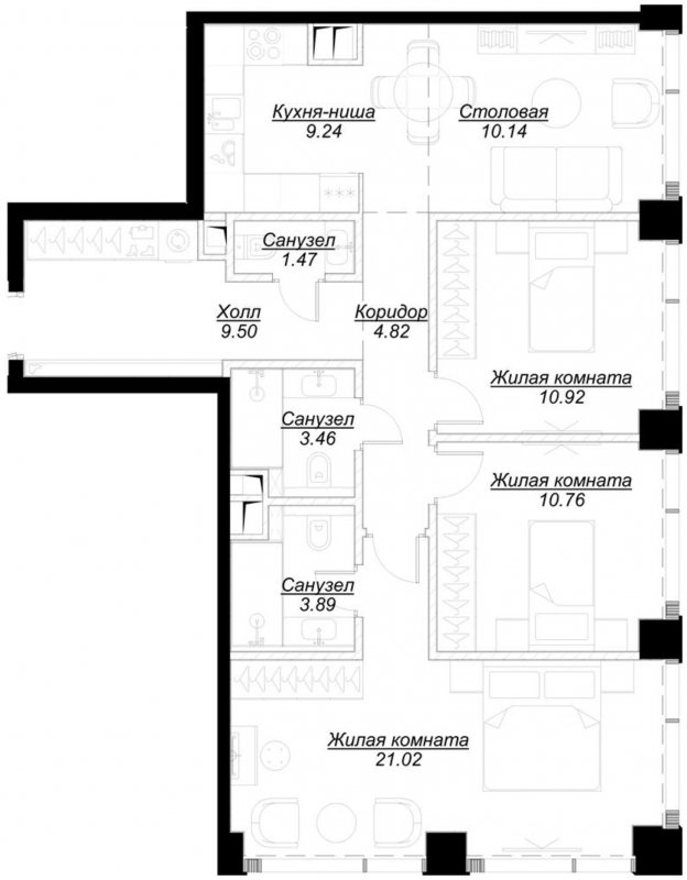 3-комнатная квартира с частичной отделкой, 84.98 м2, 24 этаж, сдача 4 квартал 2024 г., ЖК MOD, корпус Mod.D - объявление 1788487 - фото №1