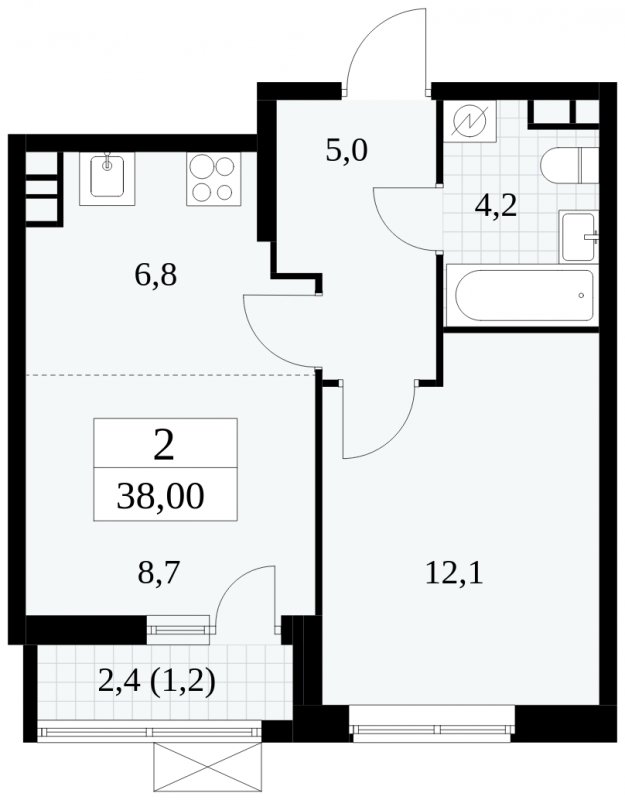 2-комнатная квартира (евро) без отделки, 38 м2, 5 этаж, сдача 1 квартал 2025 г., ЖК Прокшино, корпус 5.2.3 - объявление 1751305 - фото №1