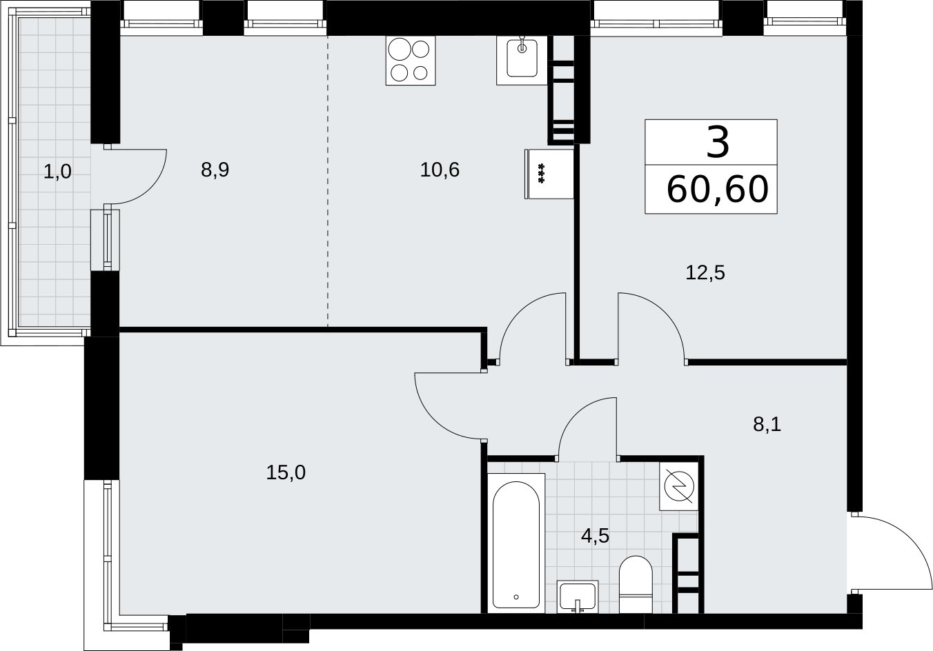 3-комнатная квартира (евро) без отделки, 60.6 м2, 10 этаж, сдача 3 квартал 2026 г., ЖК Родные кварталы, корпус 3.4 - объявление 2378702 - фото №1