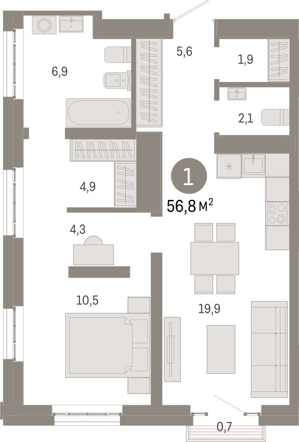 1-комнатная квартира с частичной отделкой, 56.8 м2, 25 этаж, сдача 3 квартал 2026 г., ЖК Квартал Метроном, корпус 1 - объявление 2396831 - фото №1