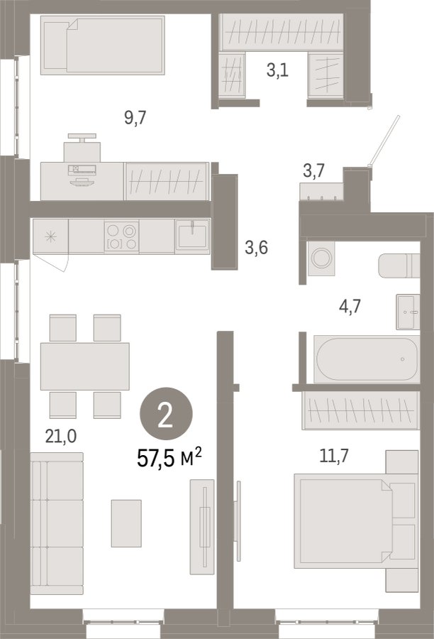 2-комнатная квартира с частичной отделкой, 57.5 м2, 10 этаж, сдача 3 квартал 2026 г., ЖК Квартал Метроном, корпус 1 - объявление 2358226 - фото №1