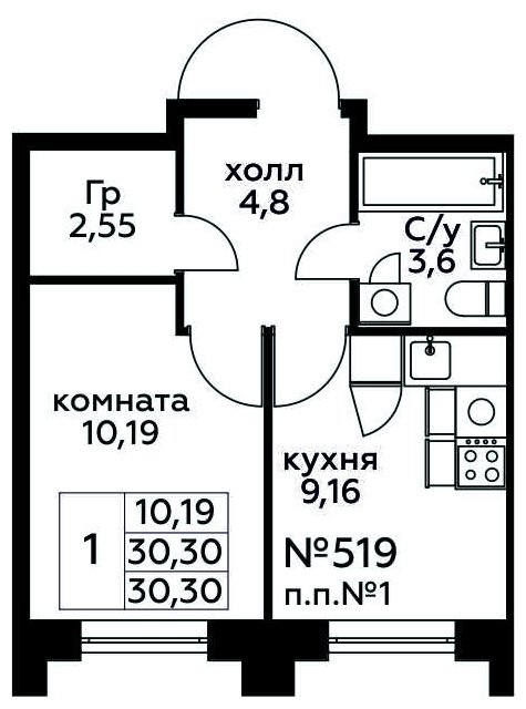 1-комнатная квартира с полной отделкой, 30.3 м2, 17 этаж, сдача 3 квартал 2024 г., ЖК МелисСад, корпус 1 - объявление 2041484 - фото №1