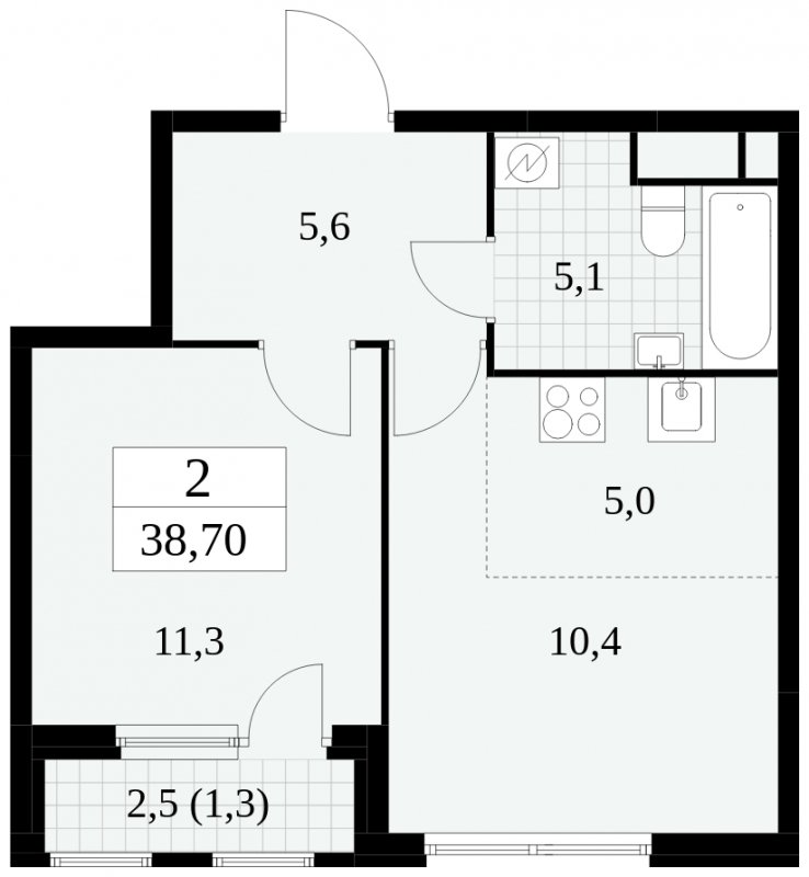 2-комнатная квартира (евро) без отделки, 38.7 м2, 16 этаж, сдача 2 квартал 2025 г., ЖК Южные сады, корпус 2.3 - объявление 1758355 - фото №1