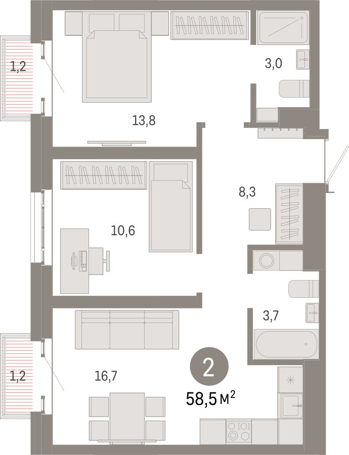 2-комнатная квартира с частичной отделкой, 58.5 м2, 7 этаж, сдача 3 квартал 2026 г., ЖК Квартал Метроном, корпус 1 - объявление 2358154 - фото №1