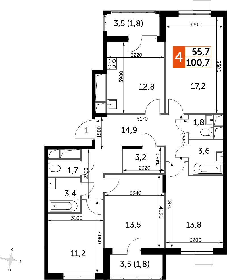 4-комнатная квартира с частичной отделкой, 100.7 м2, 16 этаж, дом сдан, ЖК UP-квартал Римский, корпус 7 - объявление 2359896 - фото №1
