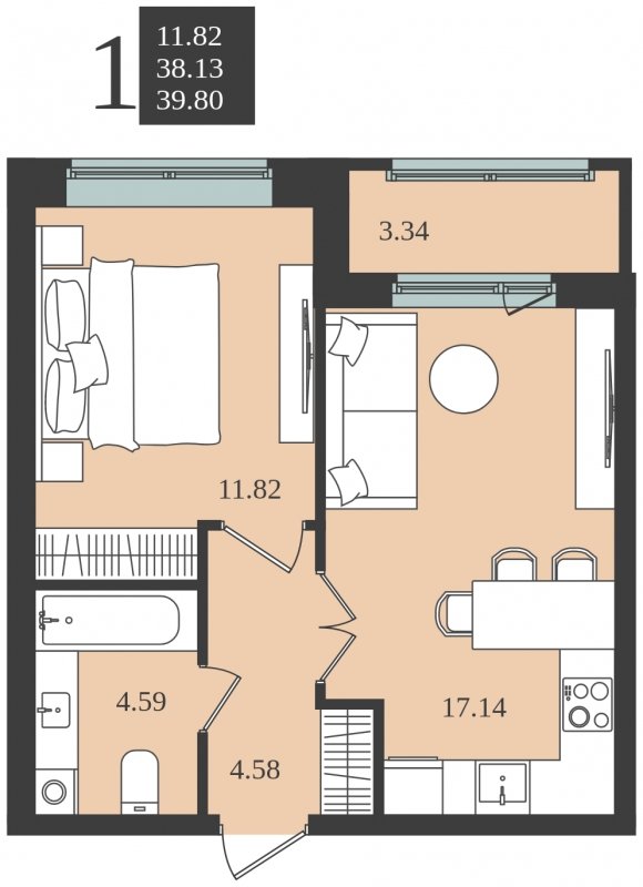 1-комнатная квартира без отделки, 39.8 м2, 1 этаж, сдача 1 квартал 2024 г., ЖК Мишино-2, корпус 7 - объявление 1748173 - фото №1