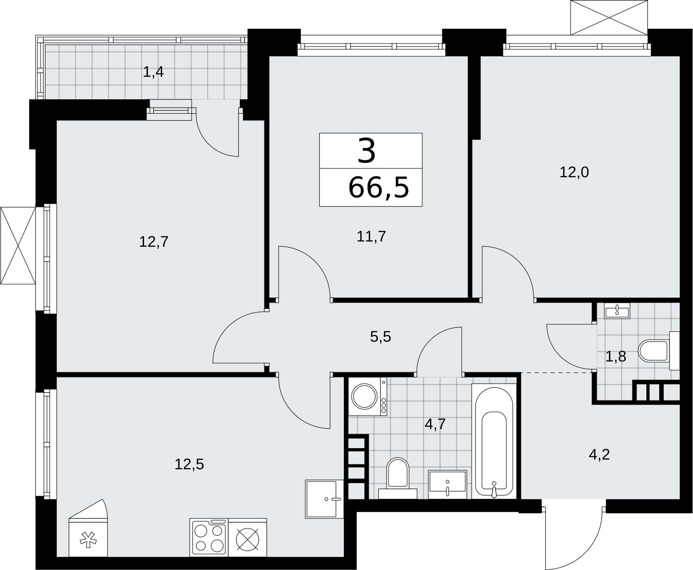 3-комнатная квартира с частичной отделкой, 66.5 м2, 5 этаж, сдача 2 квартал 2026 г., ЖК Бунинские кварталы, корпус 5.1 - объявление 2296839 - фото №1