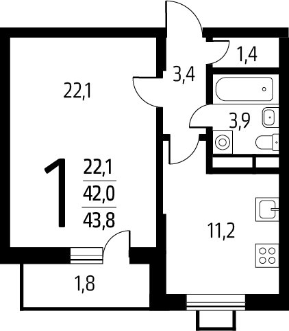 1-комнатная квартира с полной отделкой, 43.8 м2, 6 этаж, сдача 1 квартал 2025 г., ЖК Новые Ватутинки. Заречный, корпус 5/3 - объявление 2271727 - фото №1
