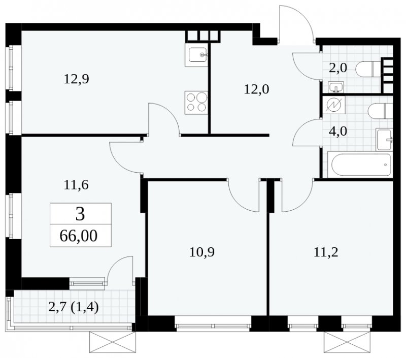 3-комнатная квартира без отделки, 66 м2, 3 этаж, сдача 1 квартал 2025 г., ЖК Прокшино, корпус 5.2.5 - объявление 1900824 - фото №1