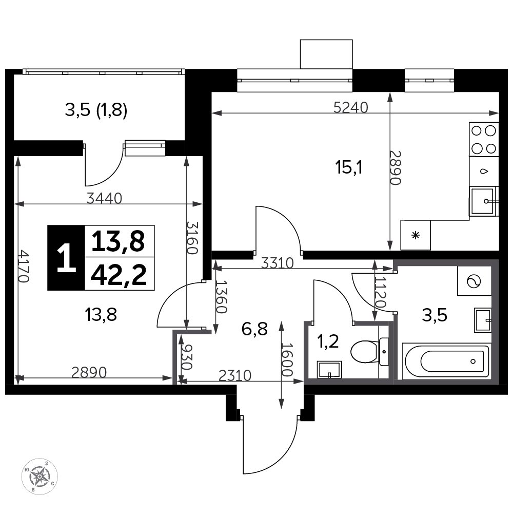 1-комнатная квартира с полной отделкой, 42.2 м2, 18 этаж, сдача 3 квартал 2023 г., ЖК Южная Битца, корпус 11 - объявление 1984667 - фото №1