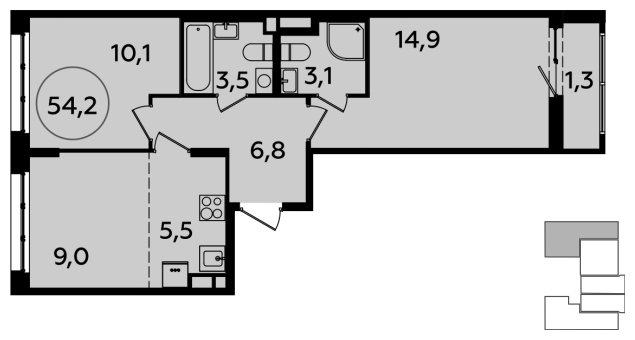 3-комнатная квартира (евро) с полной отделкой, 54.2 м2, 6 этаж, сдача 2 квартал 2024 г., ЖК Испанские кварталы, корпус 8.1 - объявление 1633461 - фото №1