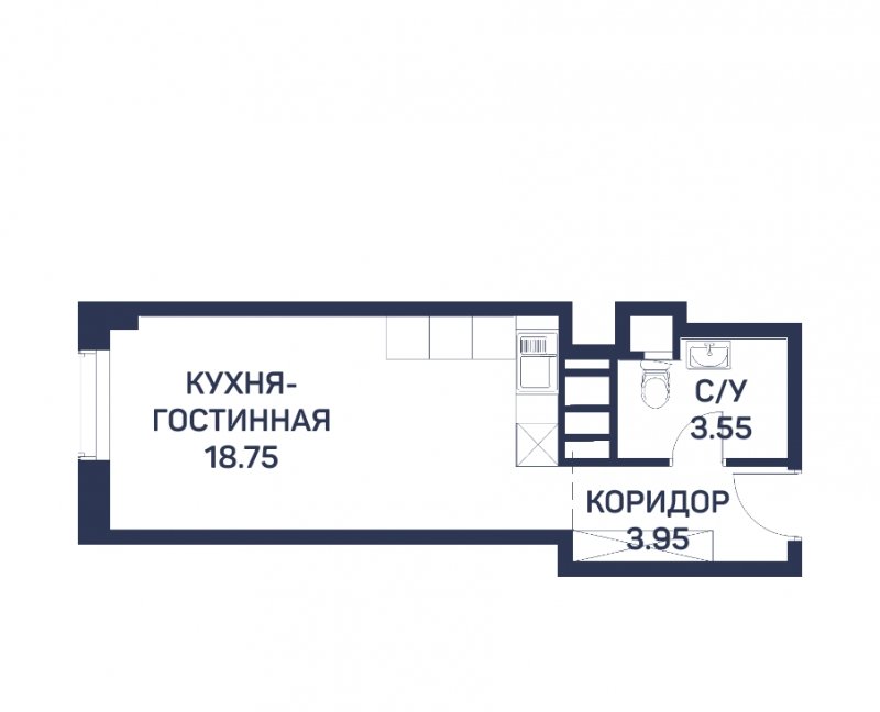 Студия с частичной отделкой, 26.3 м2, 3 этаж, сдача 3 квартал 2022 г., ЖК Любовь и Голуби, корпус 1 - объявление 1811366 - фото №1