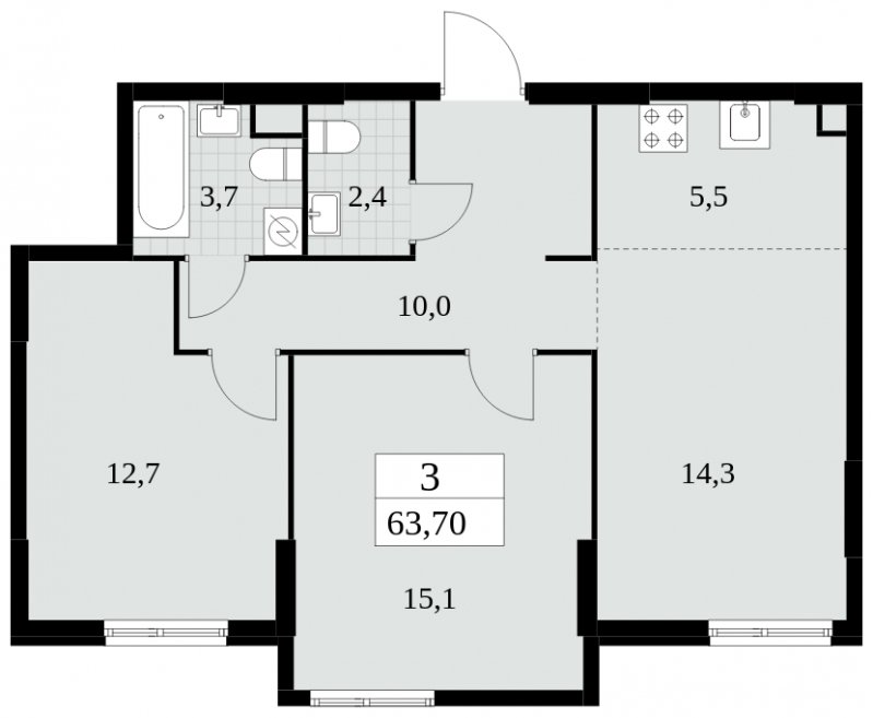 3-комнатная квартира (евро) без отделки, 63.7 м2, 2 этаж, сдача 2 квартал 2025 г., ЖК Южные сады, корпус 2.4 - объявление 1760425 - фото №1