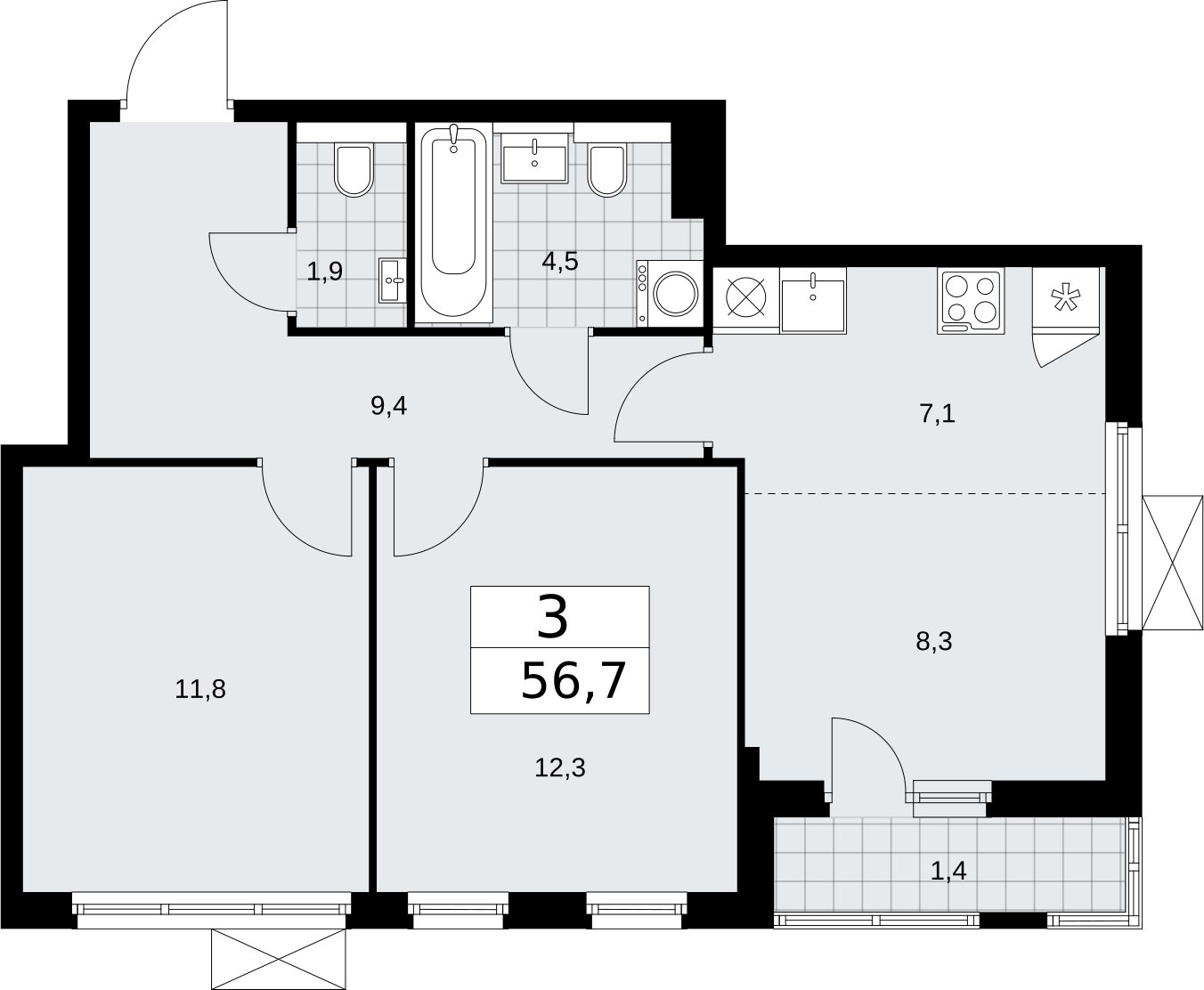3-комнатная квартира (евро) с полной отделкой, 56.7 м2, 3 этаж, сдача 2 квартал 2026 г., ЖК Бунинские кварталы, корпус 7.1 - объявление 2319564 - фото №1