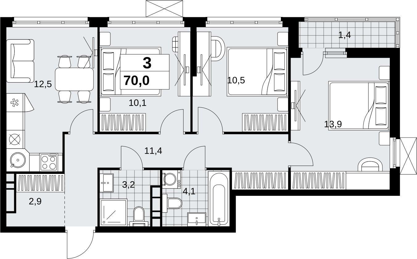 3-комнатная квартира с полной отделкой, 70 м2, 7 этаж, сдача 1 квартал 2027 г., ЖК Скандинавия, корпус 2.18.2.2 - объявление 2351274 - фото №1
