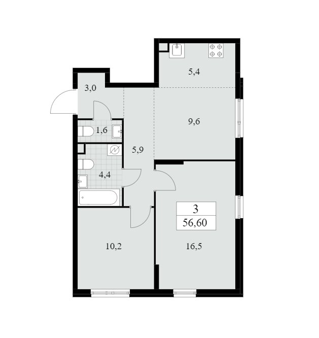 3-комнатная квартира (евро) без отделки, 56.6 м2, 2 этаж, сдача 2 квартал 2025 г., ЖК Южные сады, корпус 2.4 - объявление 1760175 - фото №1