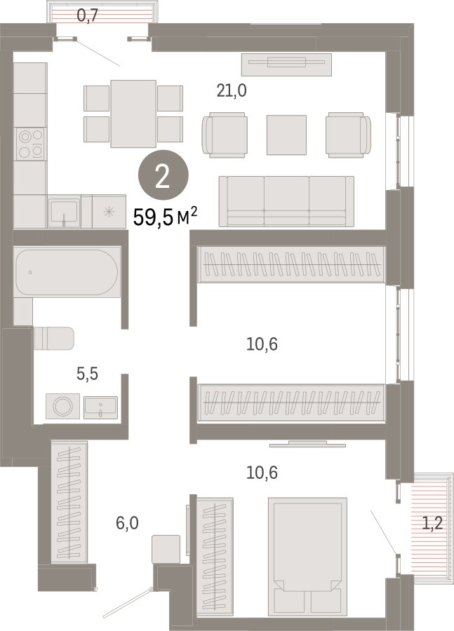 2-комнатная квартира 59.5 м2, 27 этаж, сдача 3 квартал 2026 г., ЖК Квартал Метроном, корпус 1 - объявление 2431709 - фото №1