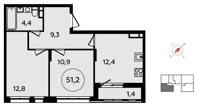 2-комнатная квартира без отделки, 51.2 м2, 13 этаж, сдача 4 квартал 2023 г., ЖК Скандинавия, корпус 15 - объявление 1517198 - фото №1