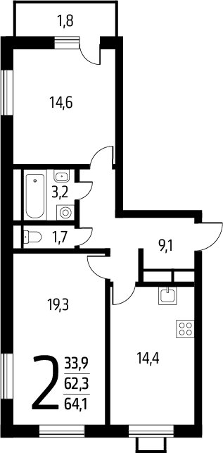 2-комнатная квартира с полной отделкой, 64.1 м2, 3 этаж, сдача 1 квартал 2025 г., ЖК Новые Ватутинки. Заречный, корпус 5/2 - объявление 2272008 - фото №1