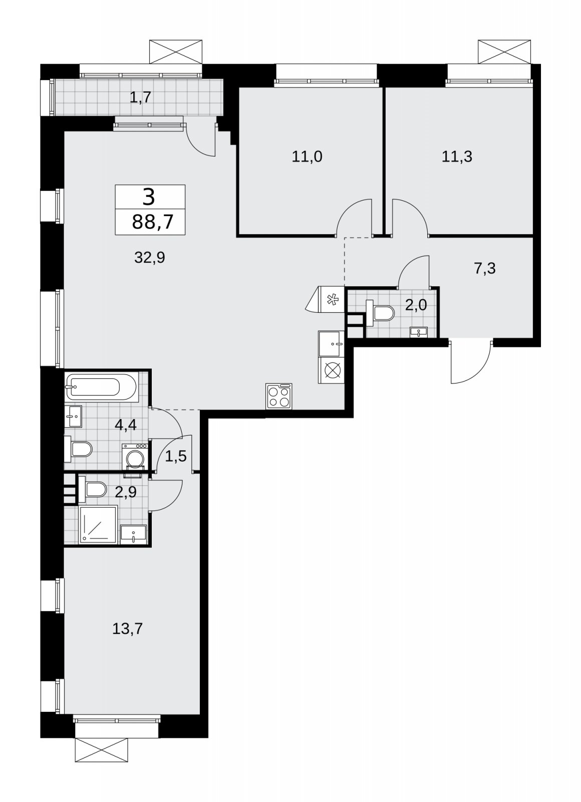 3-комнатная квартира без отделки, 88.7 м2, 3 этаж, сдача 4 квартал 2025 г., ЖК Бунинские кварталы, корпус 6.4 - объявление 2252679 - фото №1