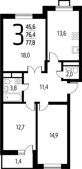 3-комнатная квартира с полной отделкой, 77.8 м2, 2 этаж, сдача 1 квартал 2025 г., ЖК Новые Ватутинки. Заречный, корпус 5/3 - объявление 2272039 - фото №1