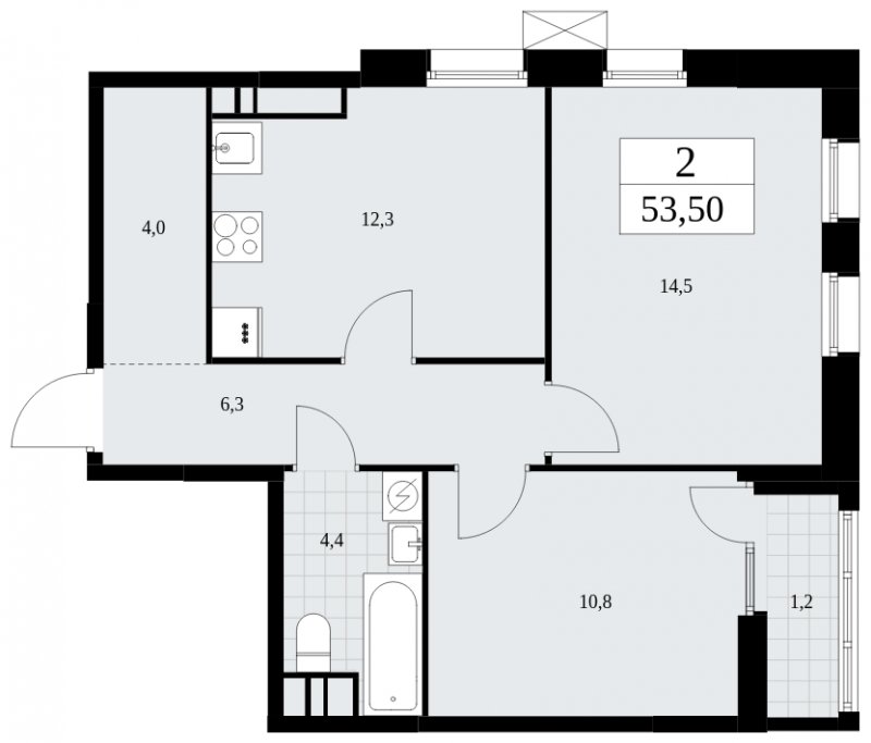 2-комнатная квартира без отделки, 53.5 м2, 14 этаж, сдача 1 квартал 2025 г., ЖК Дзен-кварталы, корпус 1.3 - объявление 1896020 - фото №1