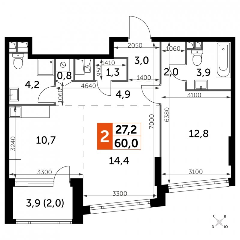 2-комнатная квартира с частичной отделкой, 60 м2, 27 этаж, сдача 4 квартал 2024 г., ЖК ROTTERDAM, корпус 2.3 - объявление 1954394 - фото №1