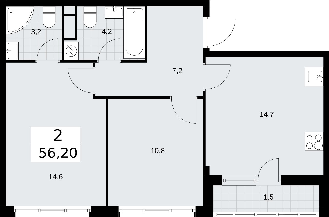2-комнатная квартира с полной отделкой, 56.2 м2, 3 этаж, сдача 4 квартал 2026 г., ЖК Родные кварталы, корпус 1.2 - объявление 2317880 - фото №1