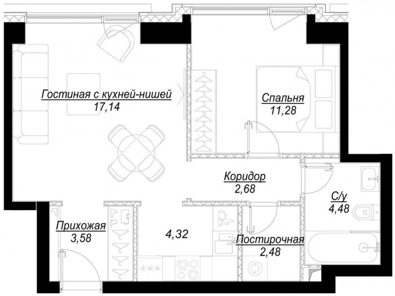 1-комнатная квартира с частичной отделкой, 46 м2, 12 этаж, сдача 1 квартал 2023 г., ЖК Hide, корпус RiverSide - объявление 1756843 - фото №1