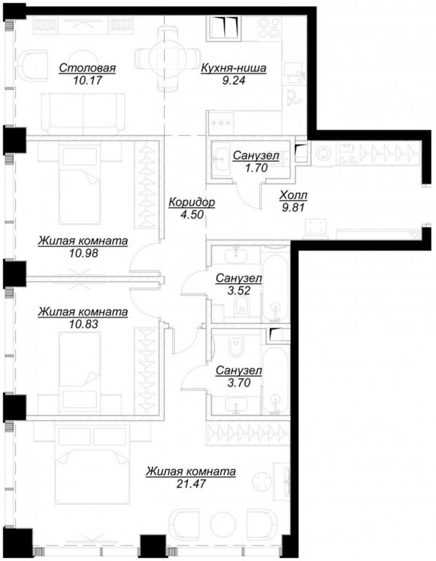 3-комнатная квартира с частичной отделкой, 85.92 м2, 37 этаж, сдача 4 квартал 2024 г., ЖК MOD, корпус Mod.D - объявление 1788529 - фото №1