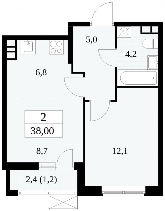 2-комнатная квартира (евро) без отделки, 38 м2, 4 этаж, сдача 1 квартал 2025 г., ЖК Прокшино, корпус 5.2.3 - объявление 1751299 - фото №1