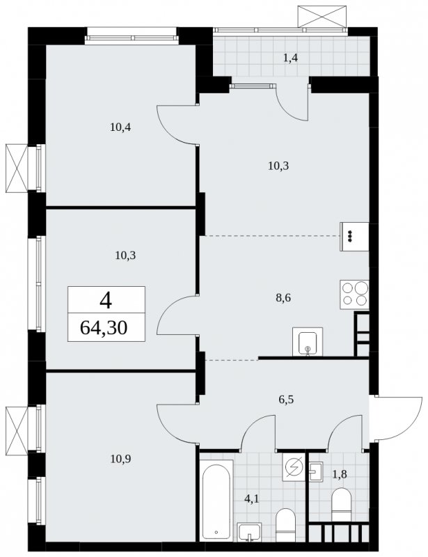 4-комнатная квартира (евро) с частичной отделкой, 64.3 м2, 4 этаж, сдача 1 квартал 2025 г., ЖК Дзен-кварталы, корпус 1.2 - объявление 1895767 - фото №1