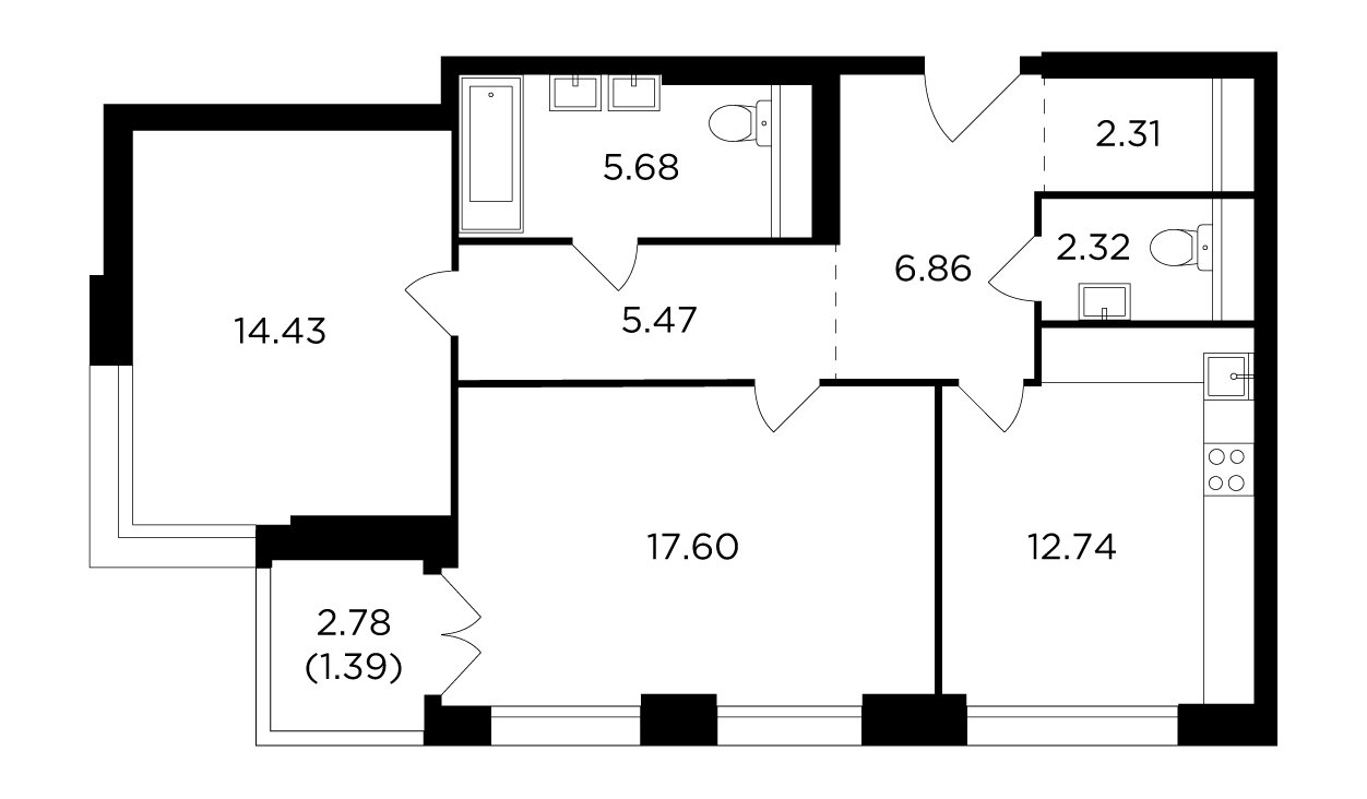 2-комнатная квартира без отделки, 68.8 м2, 26 этаж, дом сдан, ЖК RiverSky, корпус 7 - объявление 2127174 - фото №1