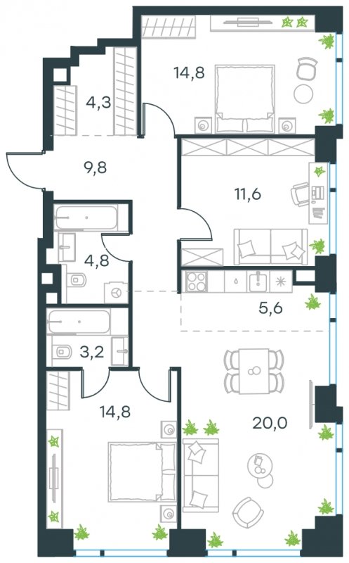 4-комнатная квартира (евро) без отделки, 88.9 м2, 29 этаж, сдача 4 квартал 2024 г., ЖК Level Мичуринский, корпус 4 - объявление 1638322 - фото №1