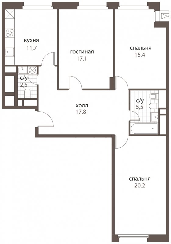 3-комнатная квартира без отделки, 90.2 м2, 3 этаж, дом сдан, ЖК HomeCity, корпус 1 - объявление 1762671 - фото №1